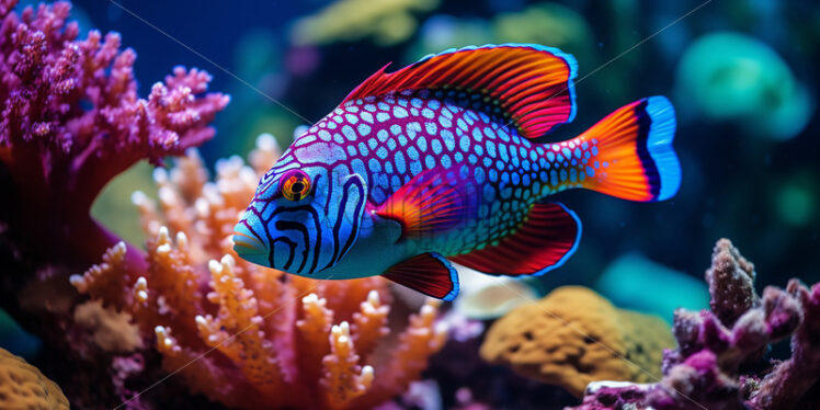 Generative AI a colorful fish swimming through a coral reef - Starpik Stock