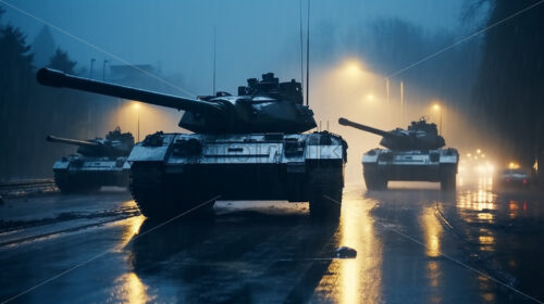 Generative AI a column of modern tanks goes down a road - Starpik Stock