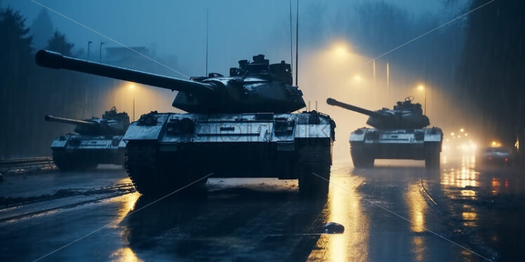 Generative AI a column of modern tanks goes down a road - Starpik Stock