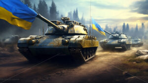 Generative AI a column of modern tanks goes down a road flying the flag of Ukraine - Starpik Stock
