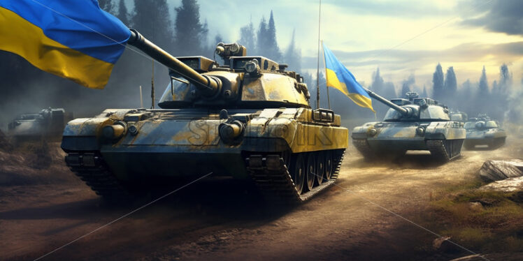 Generative AI a column of modern tanks goes down a road flying the flag of Ukraine - Starpik Stock