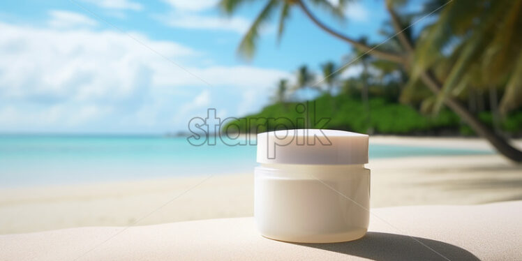 Generative AI a cosmetic packaging on the sand on a beach - Starpik Stock