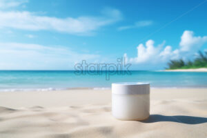 Generative AI a cosmetic packaging on the sand on a beach - Starpik Stock