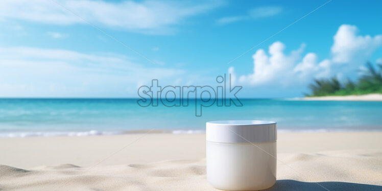 Generative AI a cosmetic packaging on the sand on a beach - Starpik Stock