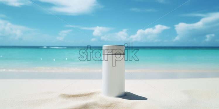 Generative AI a cosmetic packaging on the sand on a beach - Starpik Stock