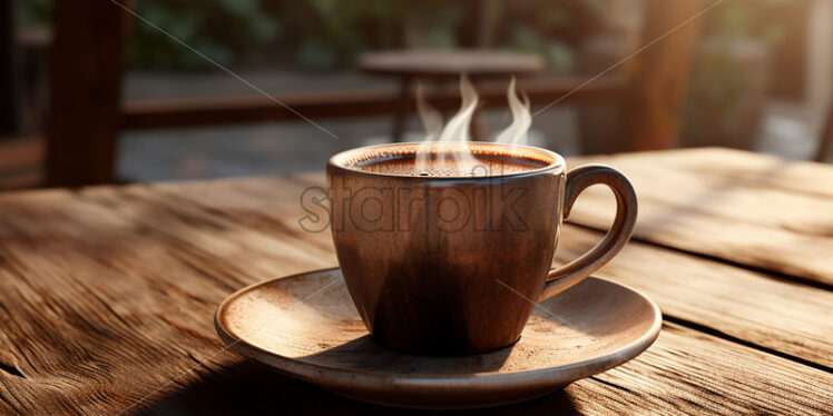 Generative AI a cup of natural coffee on a wooden table - Starpik Stock