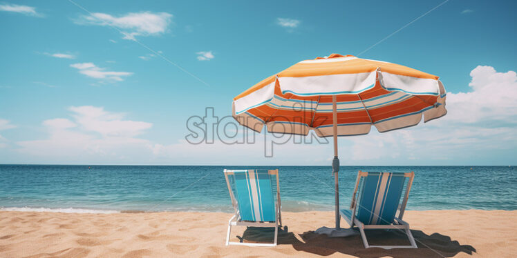 Generative AI a deckchair and an umbrella on a sea beach - Starpik Stock