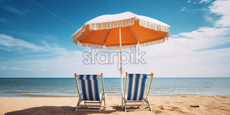 Generative AI a deckchair and an umbrella on a sea beach - Starpik Stock