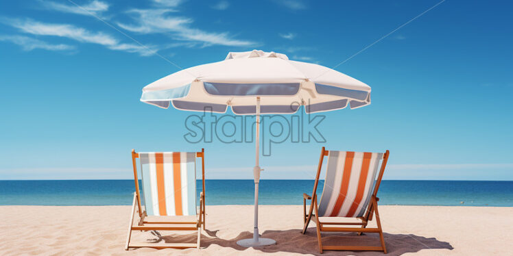 Generative AI a deckchair and an umbrella on a sea beach - Starpik Stock