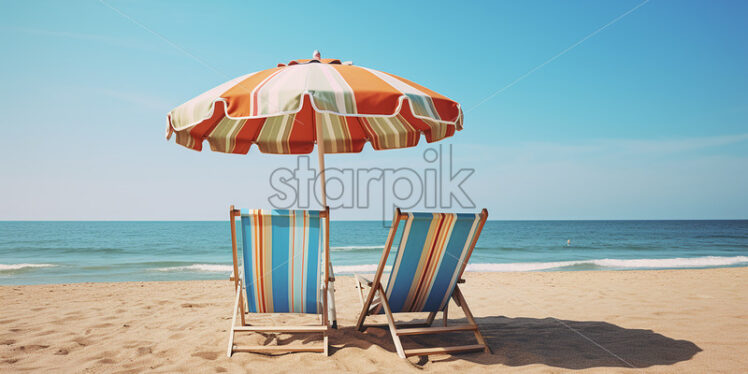 Generative AI a deckchair and an umbrella on a sea beach - Starpik Stock