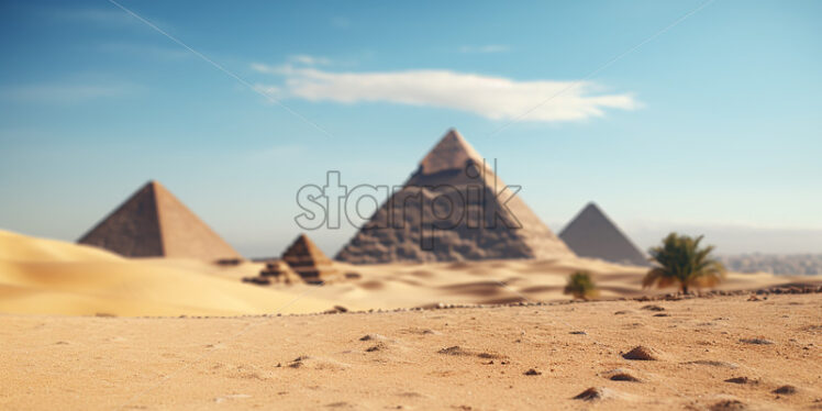 Generative AI a desert landscape with the pyramids of Giza - Starpik Stock