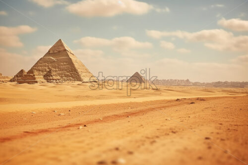 Generative AI a desert landscape with the pyramids of Giza - Starpik Stock