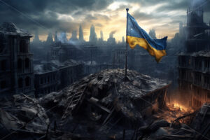 Generative AI a destroyed building on which the flag of Ukraine flies and in the background a city in ruins - Starpik Stock