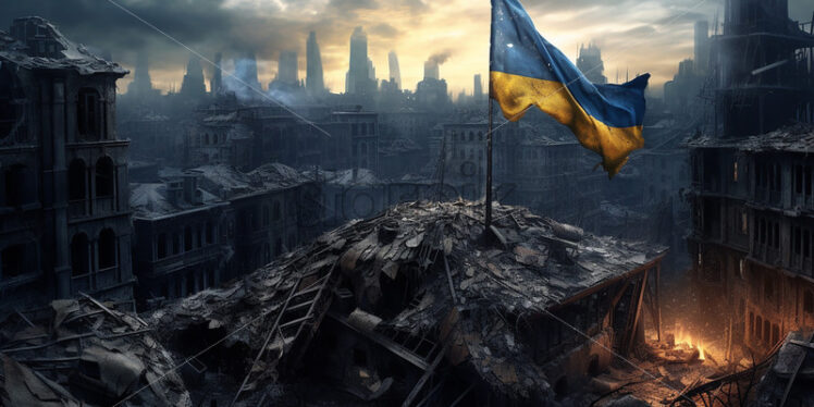 Generative AI a destroyed building on which the flag of Ukraine flies and in the background a city in ruins - Starpik Stock