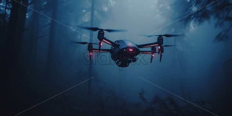 Generative AI a drone performs a reconnaissance flight in the forest - Starpik Stock