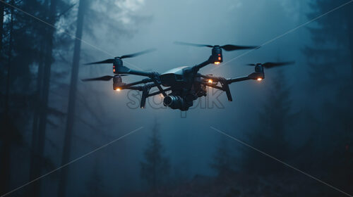 Generative AI a drone performs a reconnaissance flight in the forest - Starpik Stock