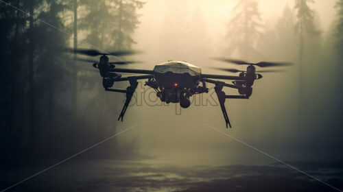 Generative AI a drone performs a reconnaissance flight in the forest - Starpik Stock