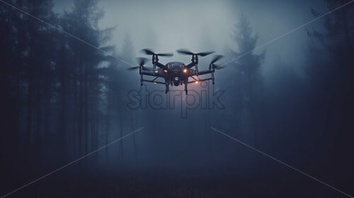 Generative AI a drone performs a reconnaissance flight in the forest - Starpik Stock