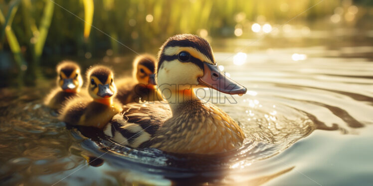 Generative AI a duck with ducklings swims on the lake - Starpik Stock