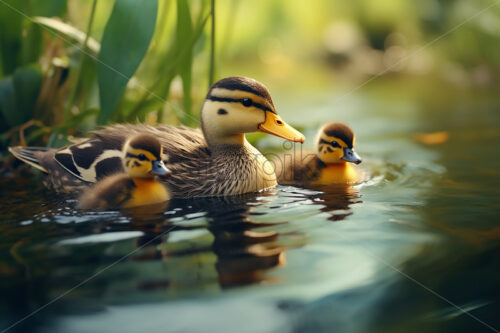 Generative AI a duck with ducklings swims on the lake - Starpik Stock