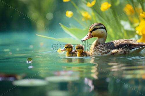 Generative AI a duck with ducklings swims on the lake - Starpik Stock