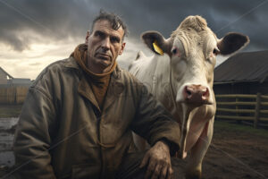 Generative AI a farmer next to a cow from his farm - Starpik Stock