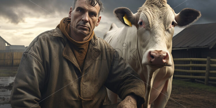 Generative AI a farmer next to a cow from his farm - Starpik Stock