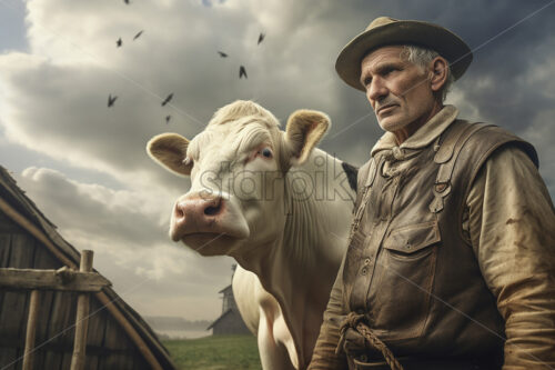 Generative AI a farmer next to a cow from his farm - Starpik Stock