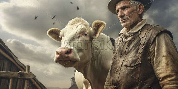 Generative AI a farmer next to a cow from his farm - Starpik Stock