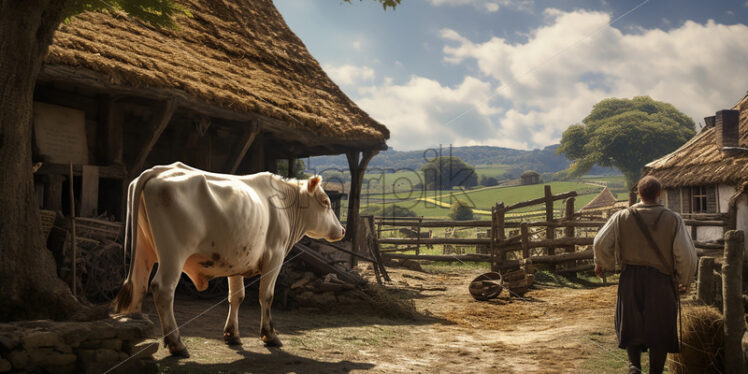 Generative AI a farmer next to a cow from his farm - Starpik Stock