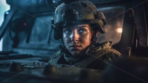 Generative AI a female soldier tank driver - Starpik Stock