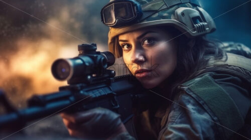 Generative AI a female soldier with a gun in her hand on the battlefield - Starpik Stock