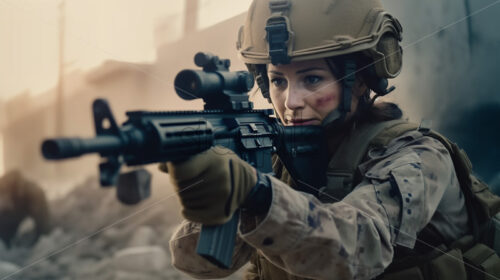 Generative AI a female soldier with a gun in her hand on the battlefield - Starpik Stock