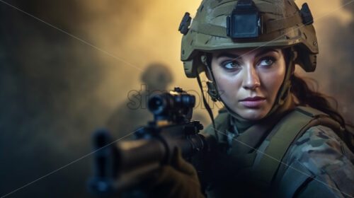 Generative AI a female soldier with a gun in her hand on the battlefield - Starpik Stock