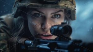 Generative AI a female soldier with a gun in her hand on the battlefield - Starpik Stock