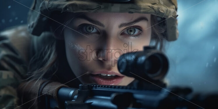 Generative AI a female soldier with a gun in her hand on the battlefield - Starpik Stock