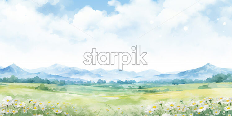 Generative AI a field with flowers created in a minimalist watercolor style - Starpik Stock