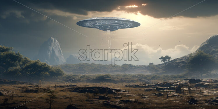 Generative AI a foreign spaceship lands above a savannah - Starpik Stock