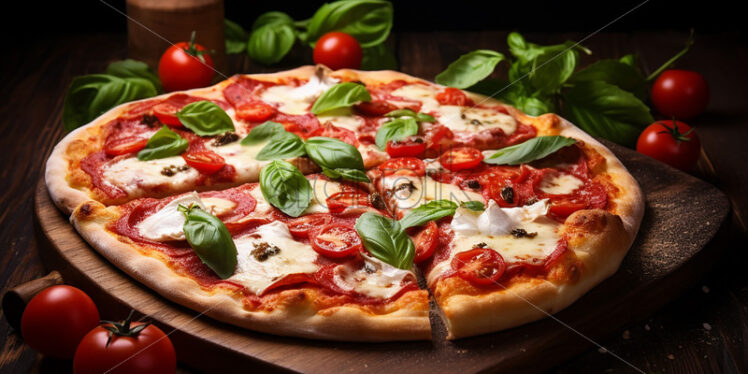 Generative AI a fresh pizza with mozzarella, basil, tomatoes and ham - Starpik Stock