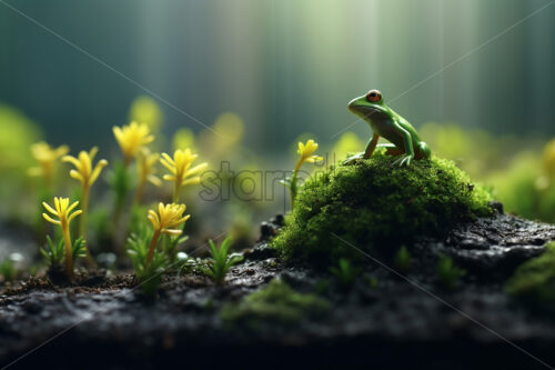 Generative AI a frog sitting on a moss plant around some small flowers - Starpik Stock