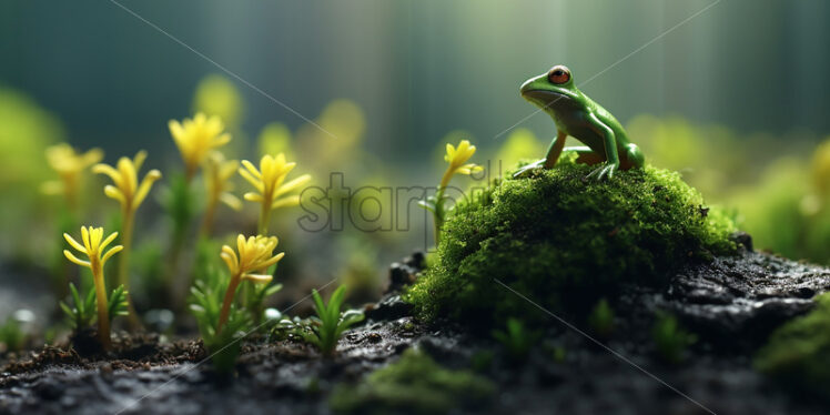 Generative AI a frog sitting on a moss plant around some small flowers - Starpik Stock
