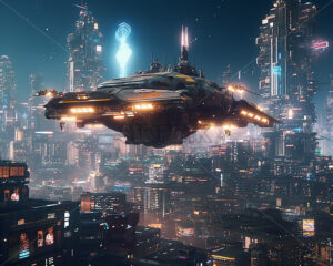 Generative AI a futuristic spaceship above a city of the future - Starpik Stock