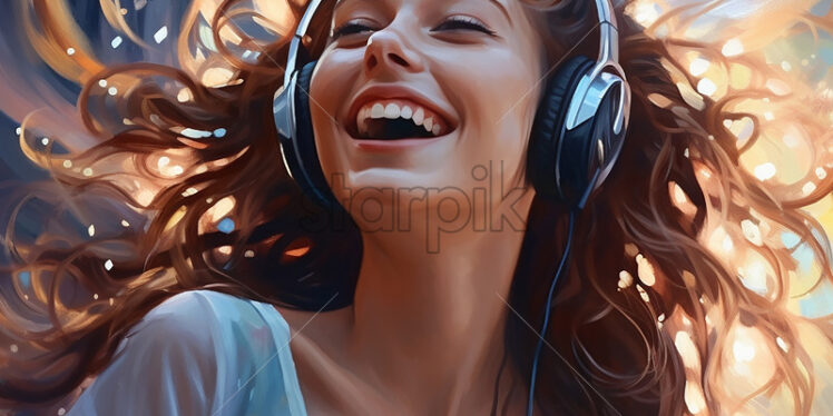 Generative AI a girl who listens to music in headphones and is happy - Starpik Stock