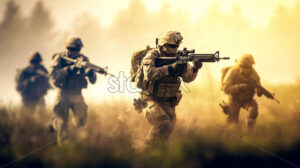 Generative AI a group of armed soldiers marching on a field - Starpik Stock