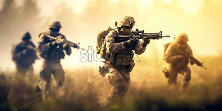 Generative AI a group of armed soldiers marching on a field - Starpik Stock
