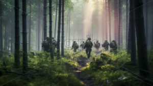 Generative AI a group of armed soldiers marching on a forest - Starpik Stock