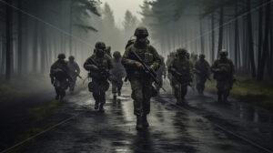Generative AI a group of armed soldiers marching on a forest - Starpik Stock