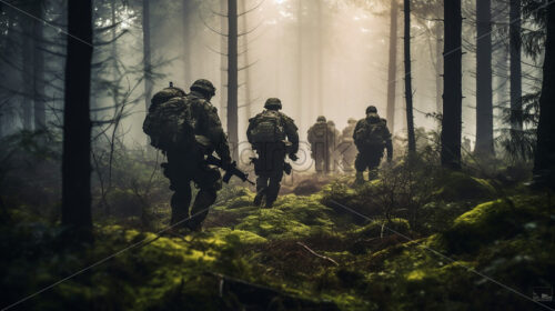 Generative AI a group of armed soldiers marching on a forest - Starpik Stock