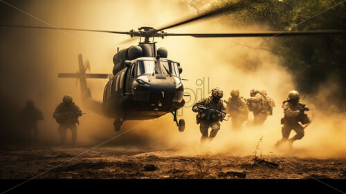 Generative AI a group of soldiers who have to get into a military helicopter - Starpik Stock