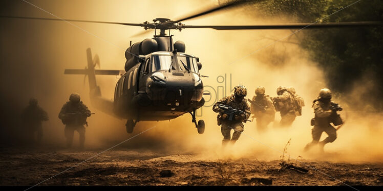 Generative AI a group of soldiers who have to get into a military helicopter - Starpik Stock